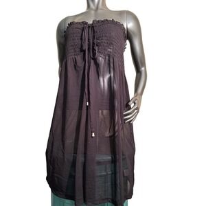 Swim by Avenue Womens Black Sheer Smocked Strapless Mesh Swim Cover Up Dress 1X